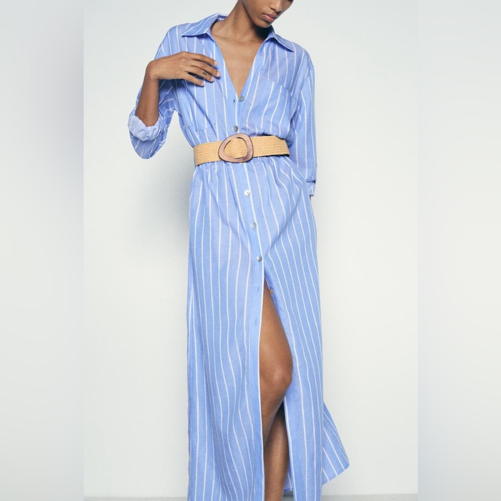 Zara Blue and White Striped Midi Shirt Dress - Picture 5 of 14